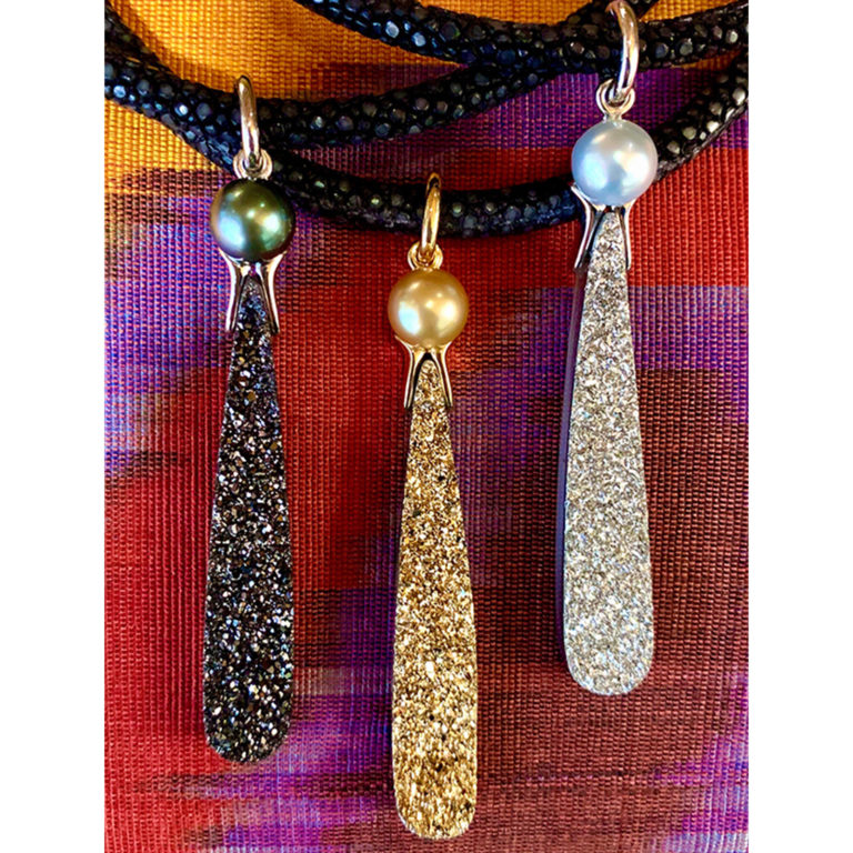 Druzy Agate Pendants with a South Seas Pearls; bale is clip-on style and pendant comes with an 18-inch, 5-mm black shagreen cord.