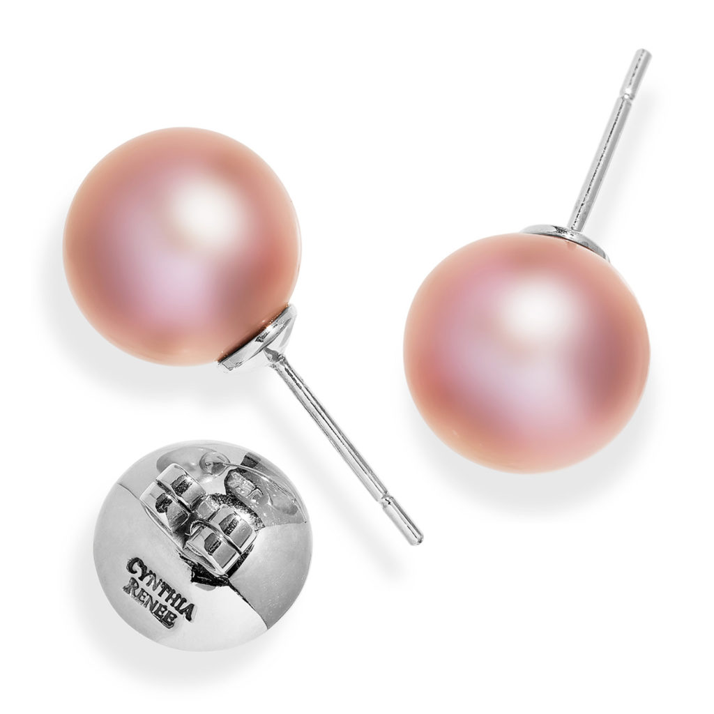 Pink Freshwater Pearl Studs ~ 12×13 mm Pair of Purple Freshwater Pearls, 12x13 mm, on 18 karat yellow gold removable