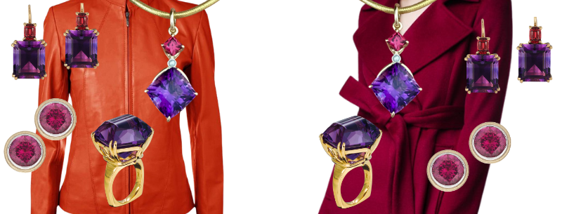 The same bold jewelry ensemble from the lavender blouse shown above is better balanced with heavier fabrics in deeper hues.