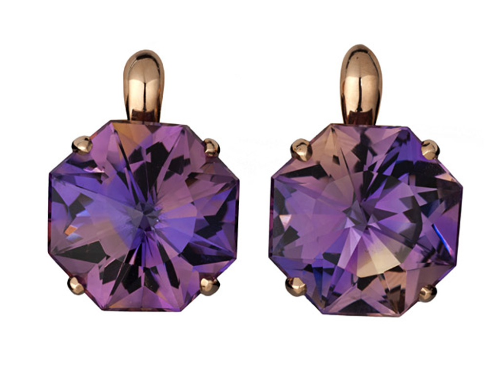 "Origami” earrings in 14 karat rose gold featuring pair of 25.36 carat hand-cut, Ametrine in the Cynthia Renée Origami-cut.