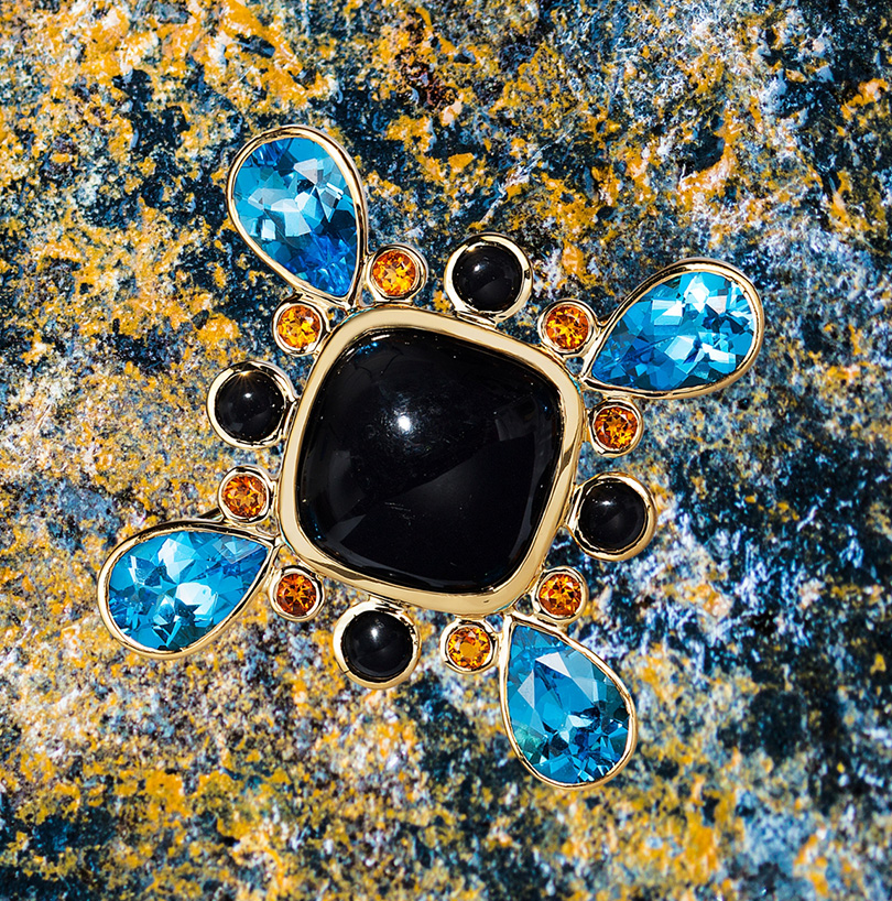 Something New and a Bit Blue Brooch: onyx, blue topaz and citrine. 