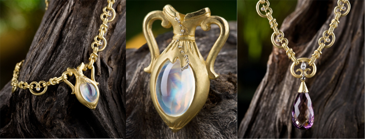 Custom gold chain with Rainbow Moonstone Amphora center; amphora can be worn as a brooch; ram's horn necklace centerpiece can be put in the chain so it can be worn without the amphora; Ametrine Briolette can drop from ram's horn center.