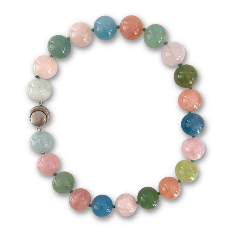 Bead necklace of 21 pieces of 20 mm natural variegated Beryl on knotted blue thread with Cynthia Renee's magnetic "Luna Clasp" handcrafted from Damascus steel; 18.5 inches long.