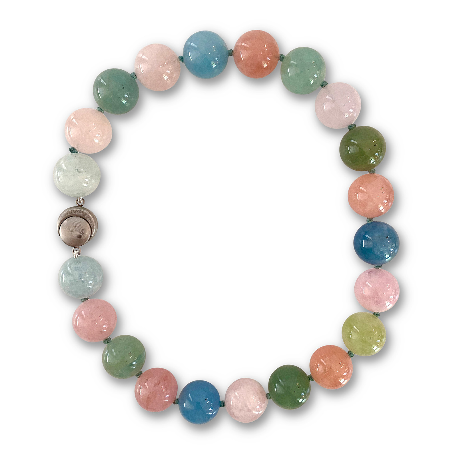 Bead necklace of 21 pieces of 20 mm natural variegated Beryl on knotted blue thread with Cynthia Renee's magnetic 