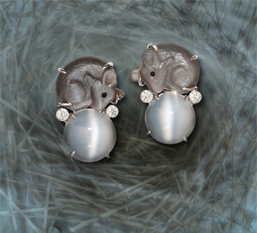 Earrings are by special order and feature a 20.23 carat hand-carved Moonstone Mice Pair and a 19.33 carat pair of Cat's-eye Moonstone, accented by 0.29 carats of diamond. 