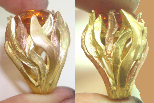 "Ring of Fire" - Cynthia Renée's custom design ring: rose and yellow flames were cast separately then hand assembled.