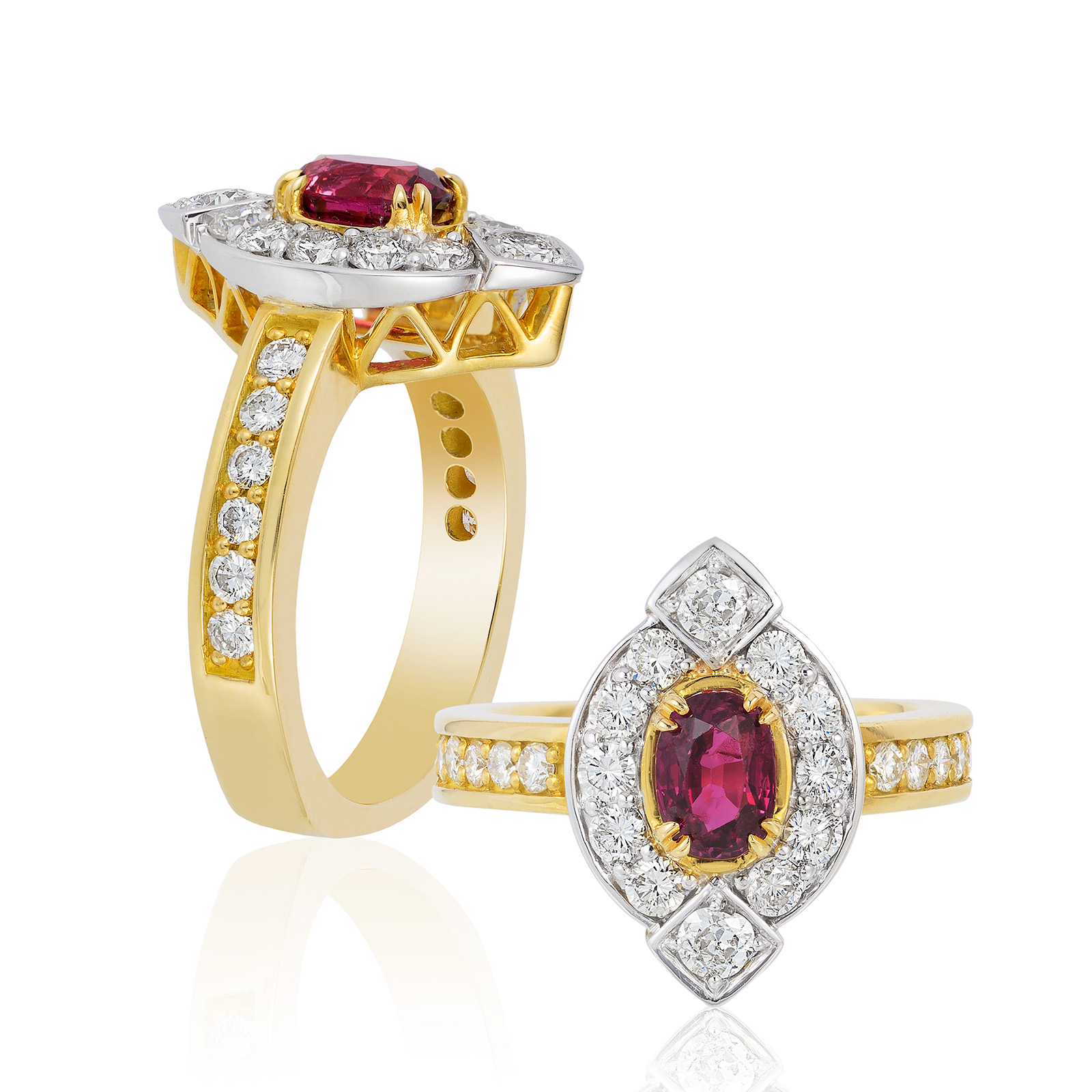"Red, White and Love" ~ Cynthia Renée full custom design ring in 18 karat yellow and white gold featuring 1.24 carat oval ruby accented by 0.80 carats of round diamonds.  This ring was a redesign using the ruby and diamonds in three rings the client no longer wore. 