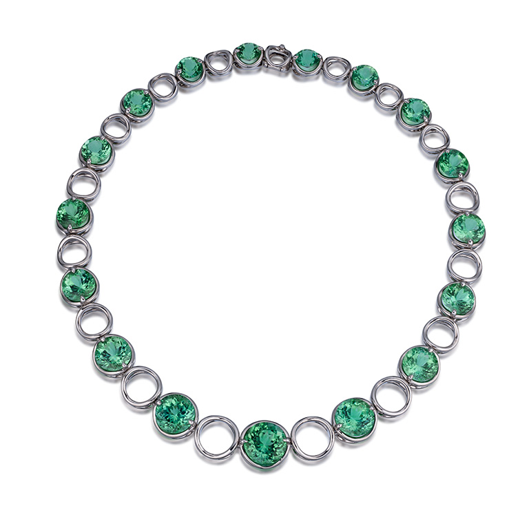 Cynthia Renée "Round in Round" necklace featuring almost eighty carats of “Seafoam” Tourmaline (Afghanistan) in hand-fabricated palladium.