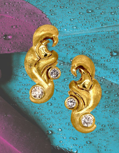 "Uncaged" ~ Cynthia Renée Full Custom Design Earrings in 18 karat yellow gold featuring client's two pairs of round diamonds; design motif was created from elements of this artist client's interesting life.