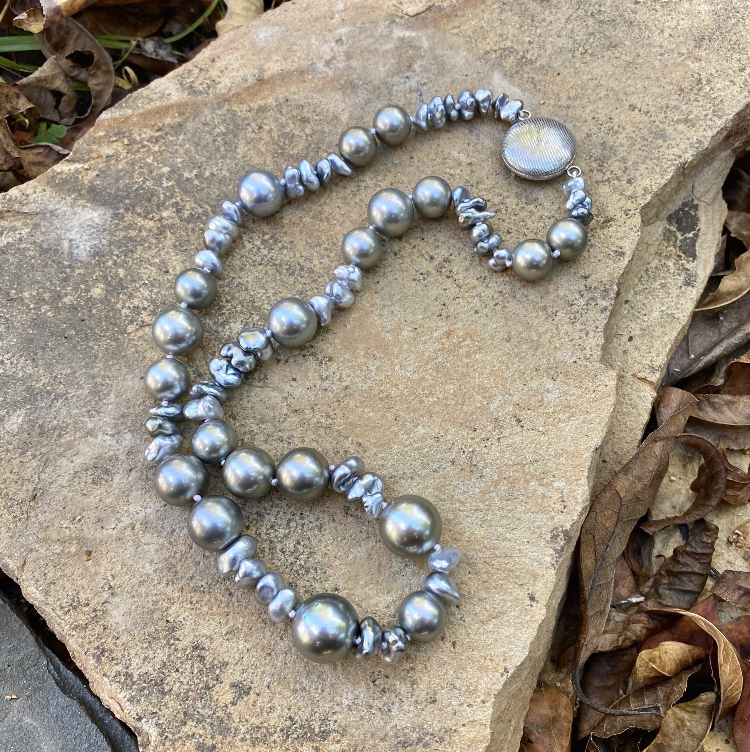 Pearl Necklace ~ Blue-gray Tahitian and Keshi Pearls