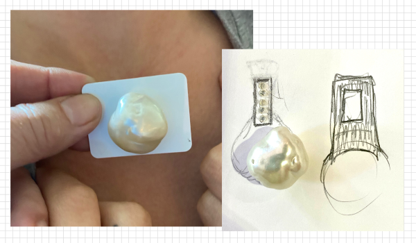 Bulging pearl held next to sketch of pendant