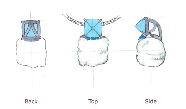 Concept sketch with three view of pearl, aquamarine and diamond pendant