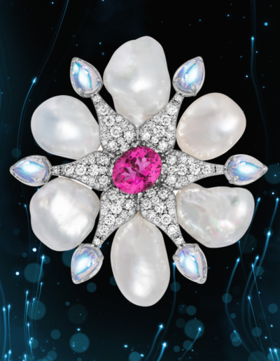 "Enchantment" ~ Cynthia Renee Bespoke Brooch featuring 5.04 carat Pink Tourmaline, six South Sea Keshi Pearls, six blue sheen Moonstones and 1.65 carats of diamonds set in 14 karat "super white" gold; can also be worn as a pendant.