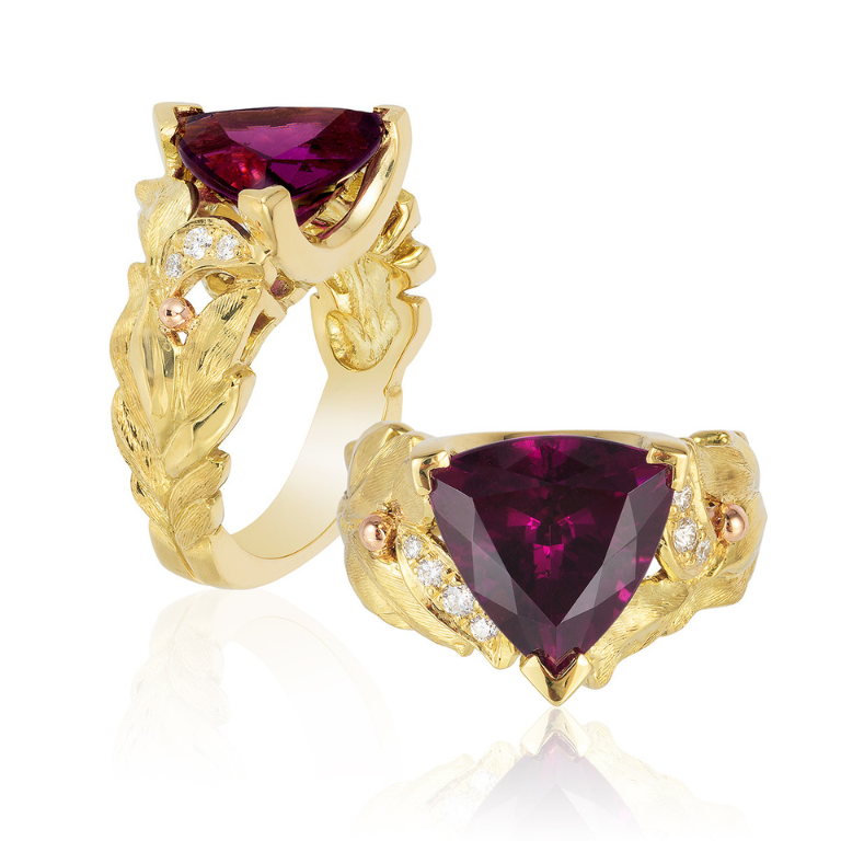 Goddess in the Family: Cynthia Renee full custom design in 18 karat yellow gold featuring purple garnet (Tanzania, natural color) weighing 4.47 carats. Photo by Moghadam