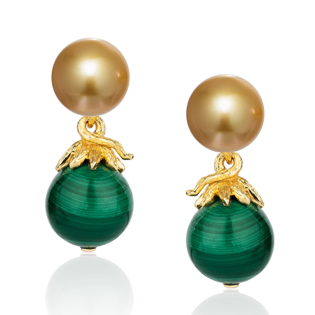 Berry Bead Gem Drop Pair in 18 karat yellow gold with Golden South Sea Progressive Pearl Studs and a 12 mm Malachite bead