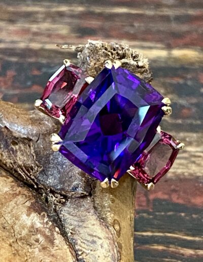 "At the Vineyard" bespoke ring featuring 10.18 carat Amethyst paired with 4.02 carats of Rhodolite garnets and set in 18 karat yellow gold