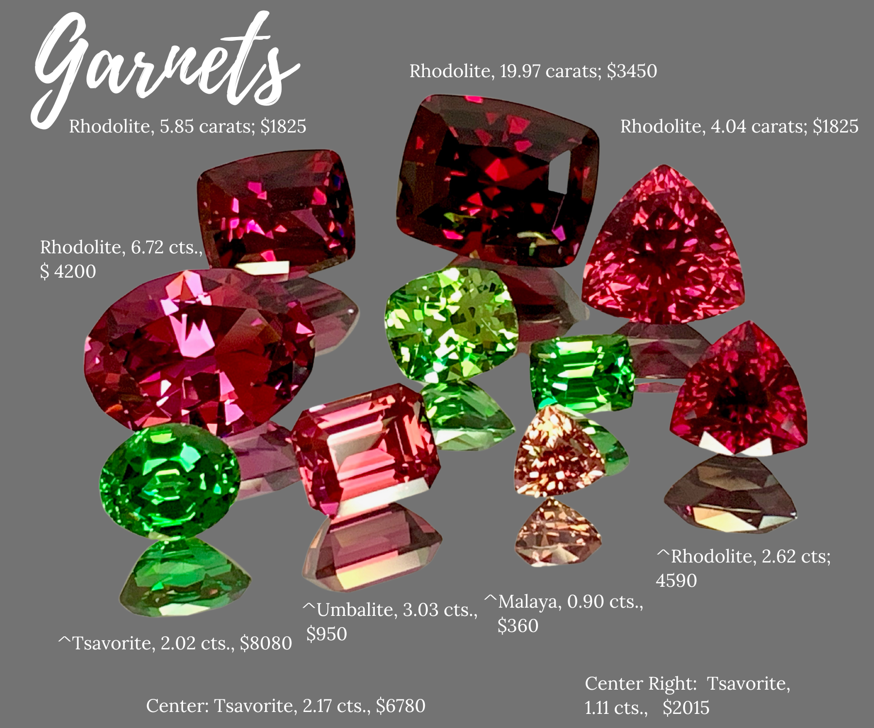 Array of garnets of different varieties and size on a grey background with prices in white 