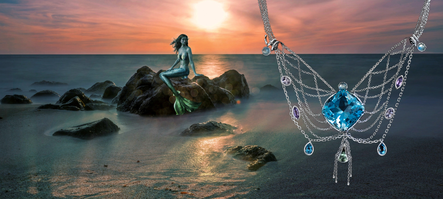 White gold necklace with 30.39 carat Aquamarine, accented by 1.25 carats of moonstone, 1.11 carats tourmaline, 0.51 carats aquamarine, 0.65 carats purple sapphire, 0.73 carats of lavender spinel overlaid an image of mermaid on the rocky shore at sunset overlooking calm sea