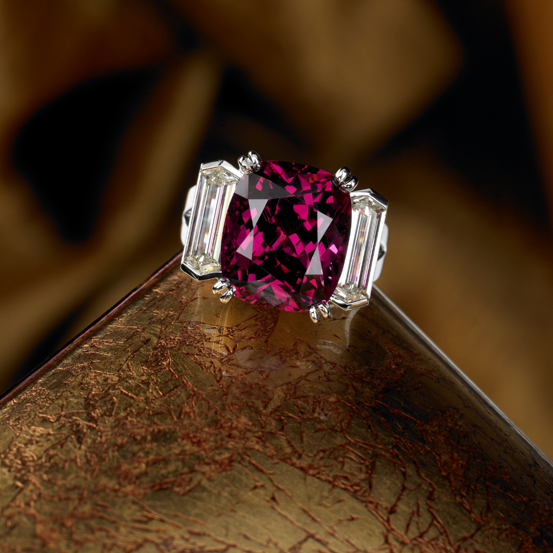 A custom made ring featuring a stupendous rhodolite garnet from Sri Lanka