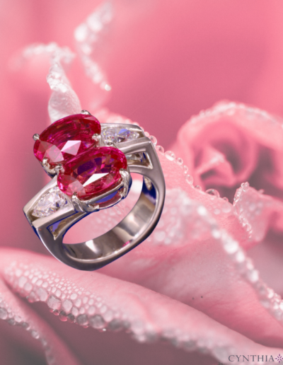 "Twin Soul" ~ Cynthia Renee Bespoke Ring featuring pair of 9.46 carat Pink Sapphires from Madagascar accented by a pair of 1.05 carat pear-shaped diamonds, set in platinum.