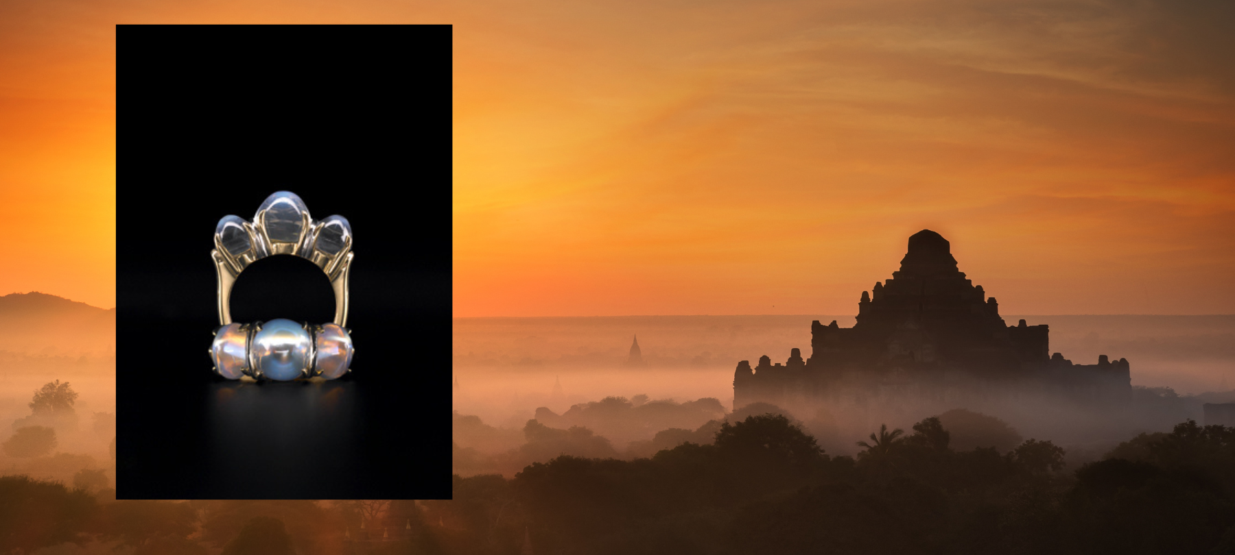 Image of Three Lights ring made of moonstone and 18 karat yellow gold superimposed on image of Buddhist temples at sunset