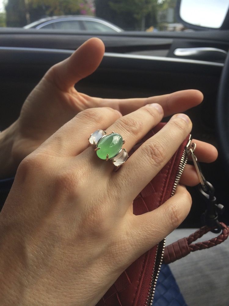 Three Lights Ring featuring a jade with two moonstone sidestones