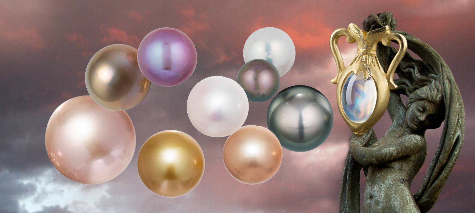 Image of various loose pearls floating and one moonstone pendant on pink background