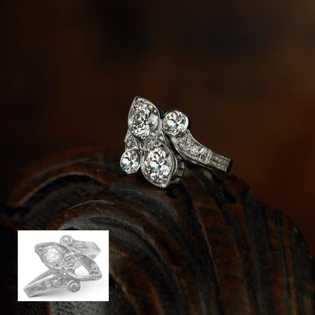 Platinum ring designed in the early 1900’s, featuring diamonds