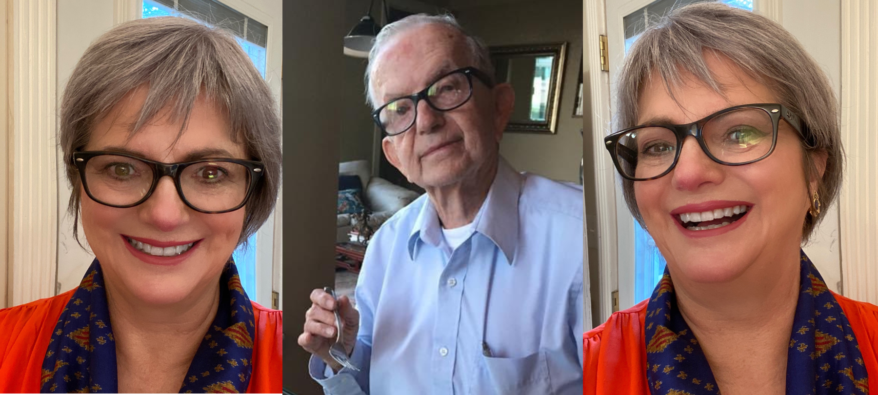 3 photo collage Cynthia in dad's glasses with Dad in middle. 