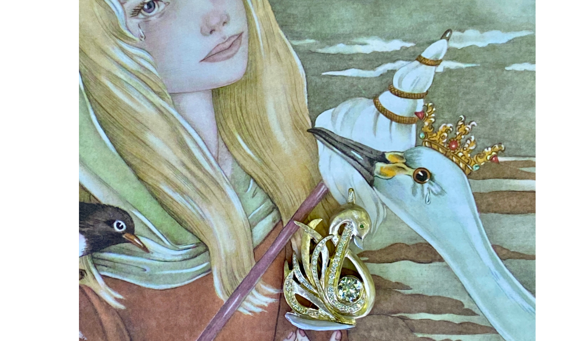 Swan Brooch superimposed over watercolor depiction of a girl