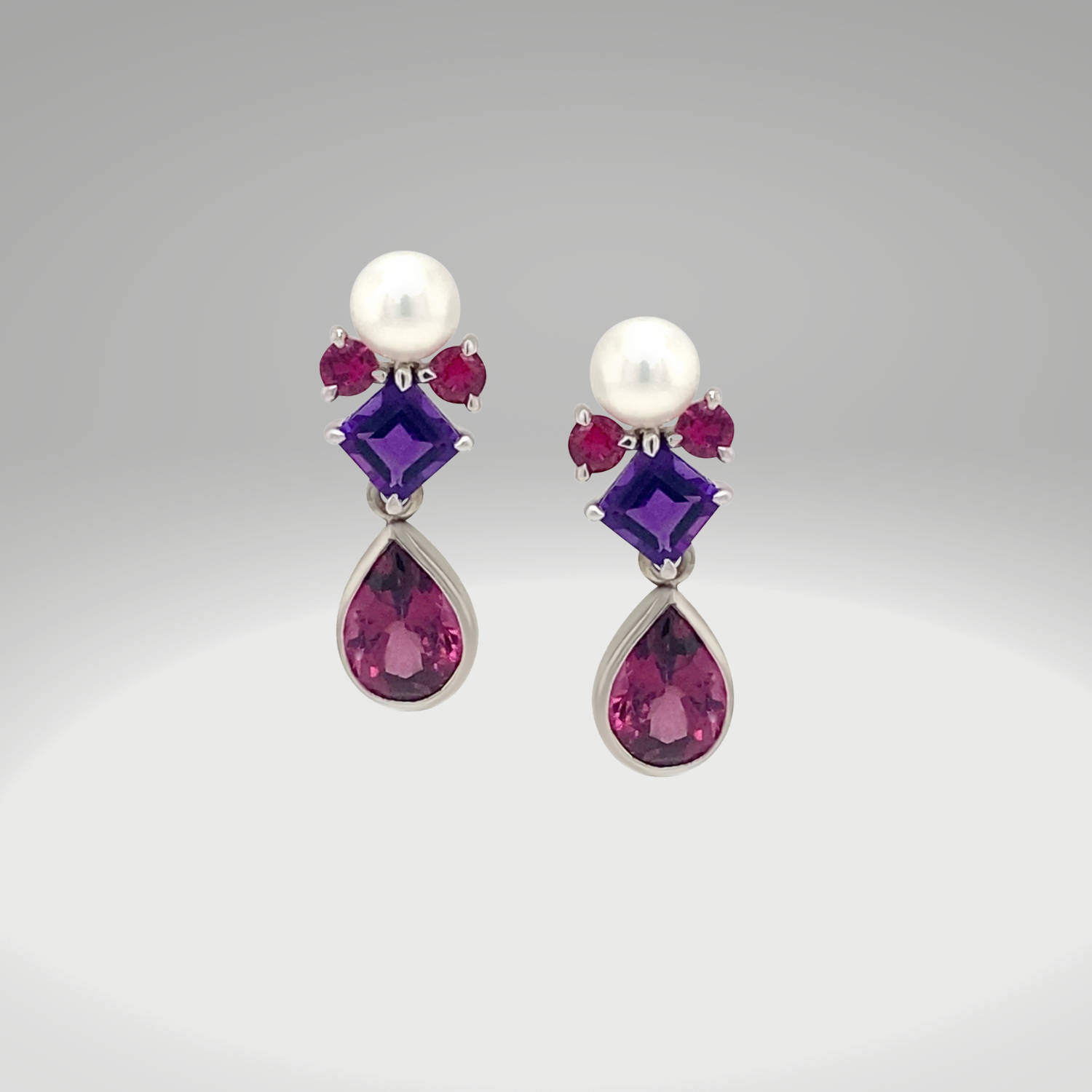Angel Earrings with Amethyst, Ruby and Pearl worn with removable Rhodolite Garnet Drops (sold separately)