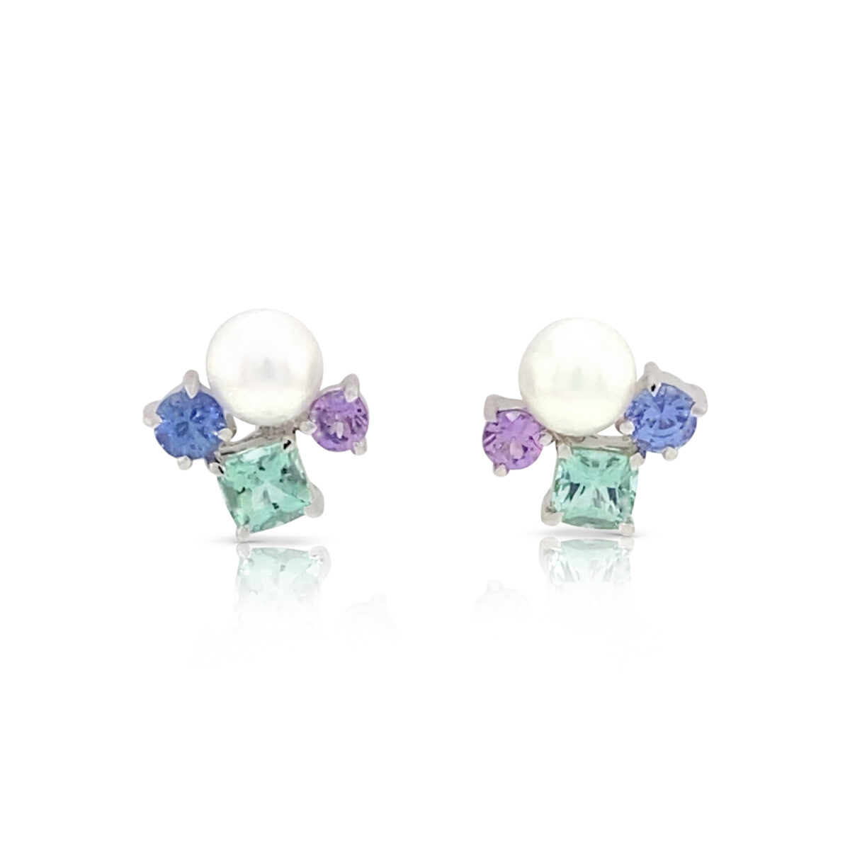 Scintilla earring in Seafood Tourmaline, Pink and Blue Sapphire and Pearl