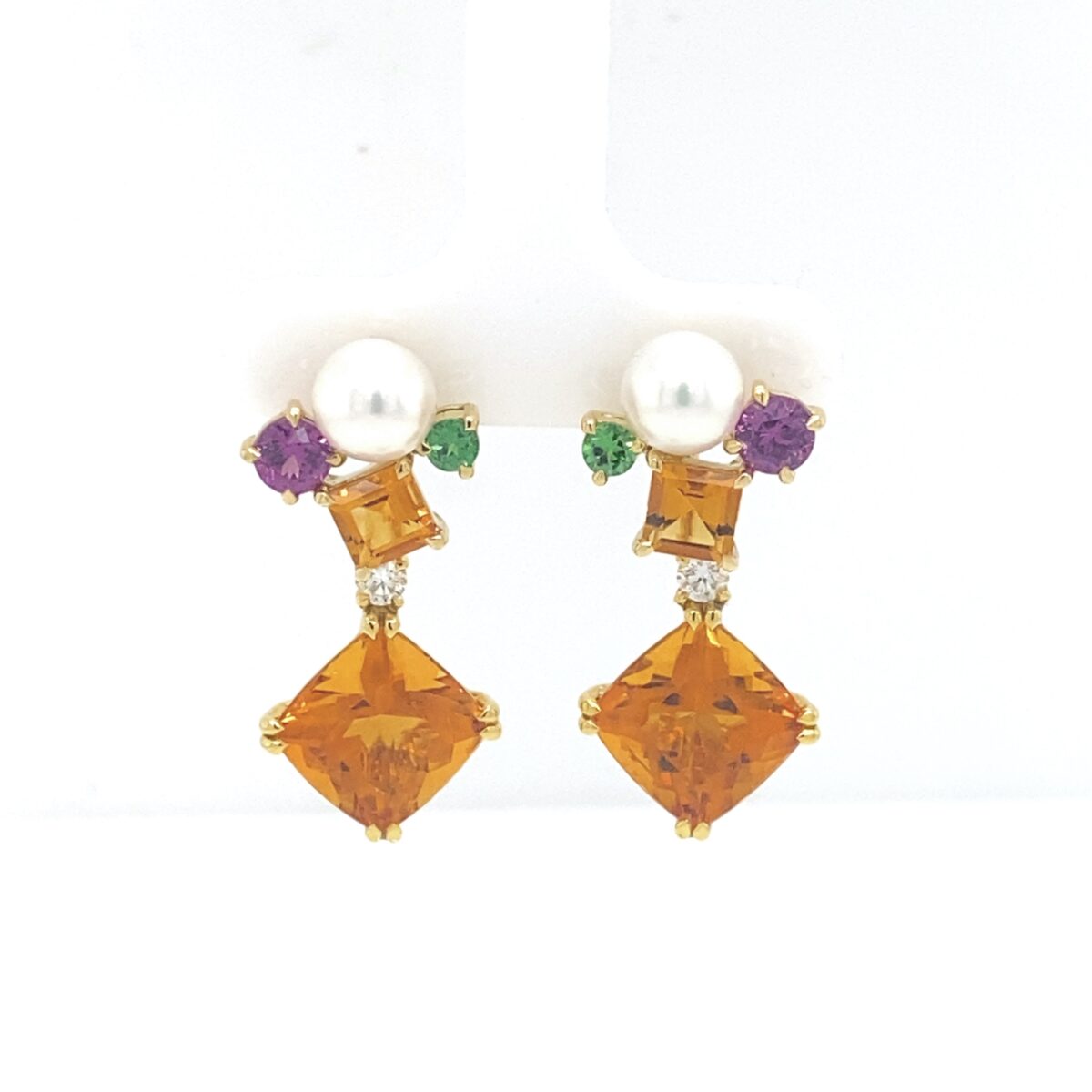 Scintilla earring with Citrine, Spessartine Garnet and Tsavorite Garnet and Pearl with square Citrine Gem Drops