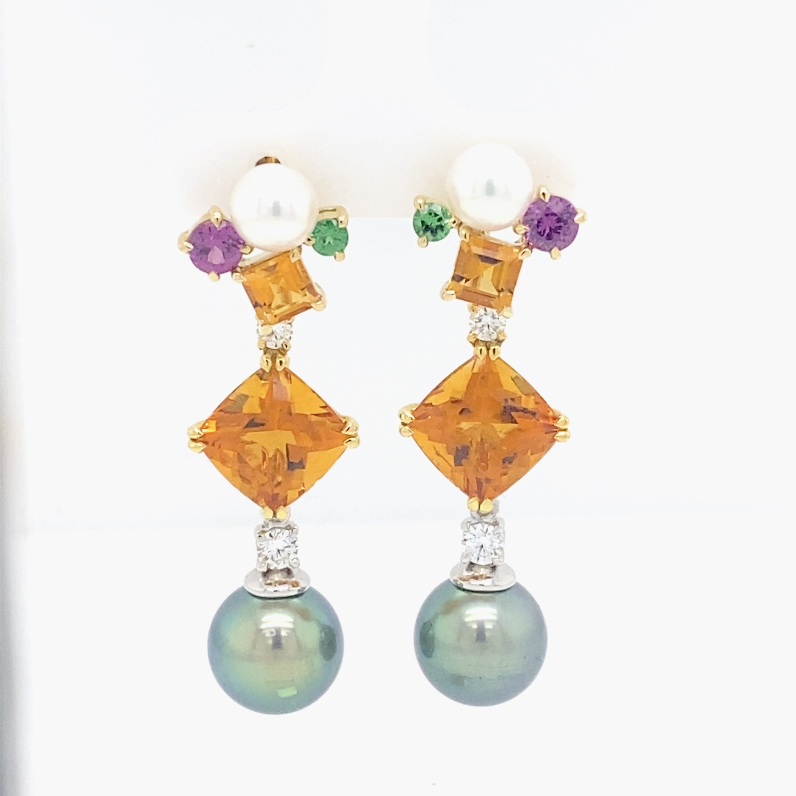 Scintilla earring with Citrine, Spessartine Garnet and Tsavorite Garnet and Pearl with square Citrine Gem Drops, Tahitian Pearl and Diamond Drop Adapter