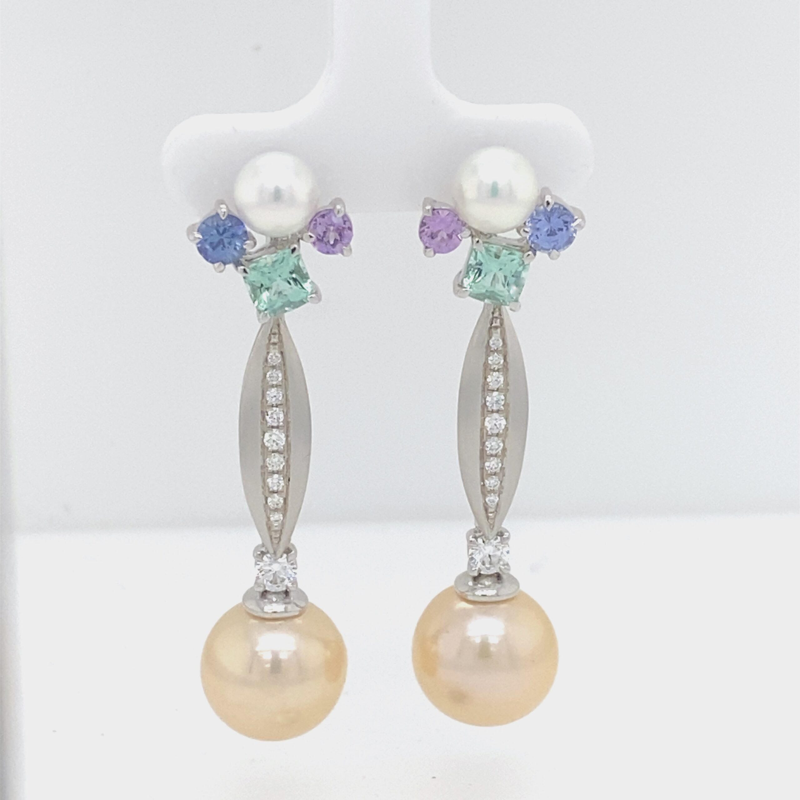 Scintilla earring in Seafood Tourmaline, Pink and Blue Sapphire and Pearl, Pea Pod Bridge and South Sea Pearl