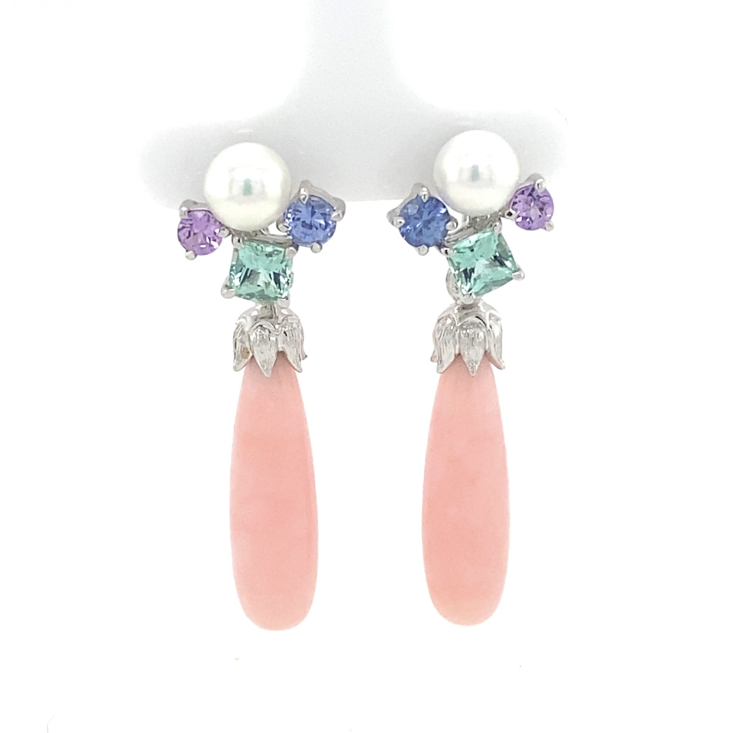 Scintilla earring in Seafood Tourmaline, Pink and Blue Sapphire and Pearl with removable Pink Opal Gem Drop