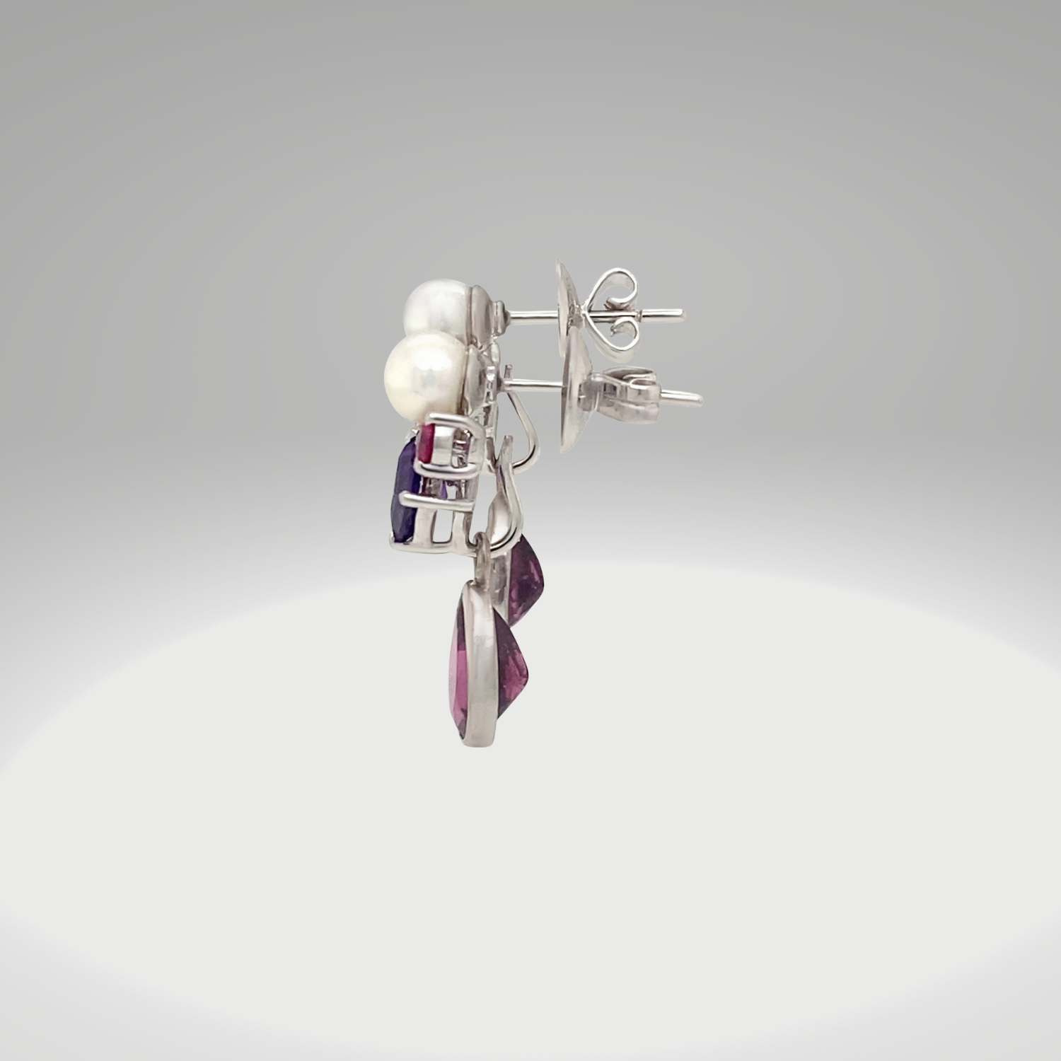 Angel Earrings with Amethyst, Ruby and Pearl worn with removable Rhodolite Garnet Drops (sold separately)