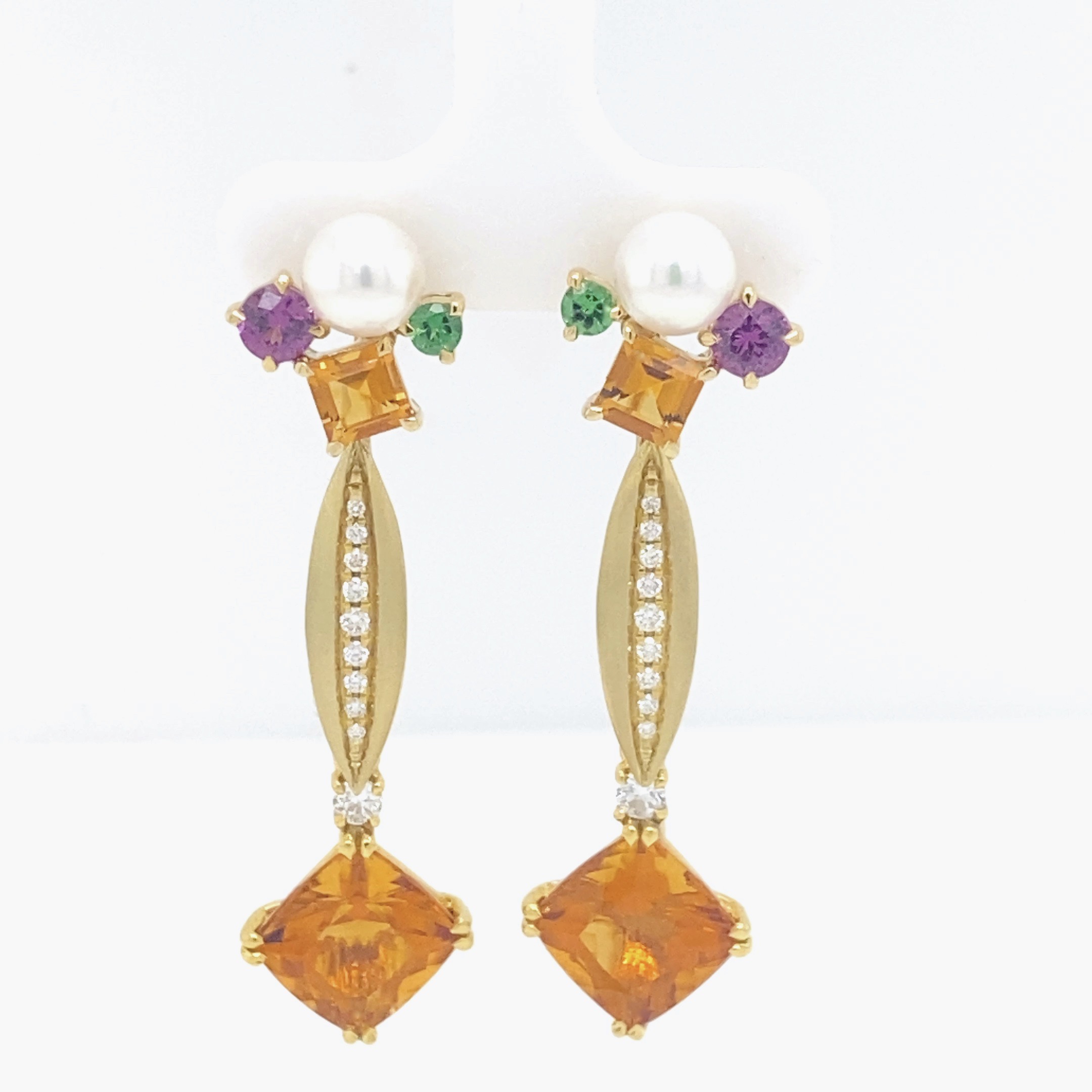 Scintilla earring with Citrine, Spessartine Garnet and Tsavorite Garnet and Pearl with square Citrine Gem Drops and Peapod Bridge
