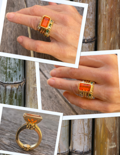 “Mutable” ~ Cynthia Renee Bespoke ring – center 3.36 carat Fire Opal (Mexico) can be worn horizontally and vertical orientations and works with client’s collection of band rings; 20 karat yellow gold. 