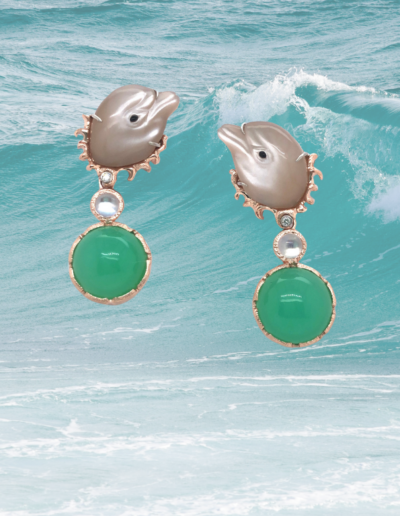 “Dolphin Joy” ~ Cynthia Renee Bespoke Earrings in 14 karat rose gold and platinum earrings featuring a hand-carved 16.10 carat pair of Gray Moonstone dolphins with pair of removable 14.97 carat Chrysoprase drops carats accented by 0.89 carats of Moonstone