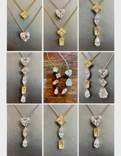  “Variations in Brilliance” ~  Cynthia Renee Bespoke interchangeable diamond pendants.  Client came to us with a collection of diamonds ranging from 6.27 to 1.11 carats – some D color/Internally Flawless.  We engineered a graceful and safe system for her to interchange her diamonds to wear in different combinations; the heart and yellow radiant diamonds are permanently attached to adjustable length chains.  Over 230 hours of labor; in 18 karat yellow and white, 14 karat white and platinum. 