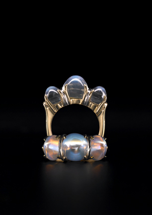 "Three Lights" ~ Cynthia Renee Bespoke Ring featuring a trio of Blue Sheen Moonstone weighing 10.75 carats set in 18 karat yellow gold and platinum.