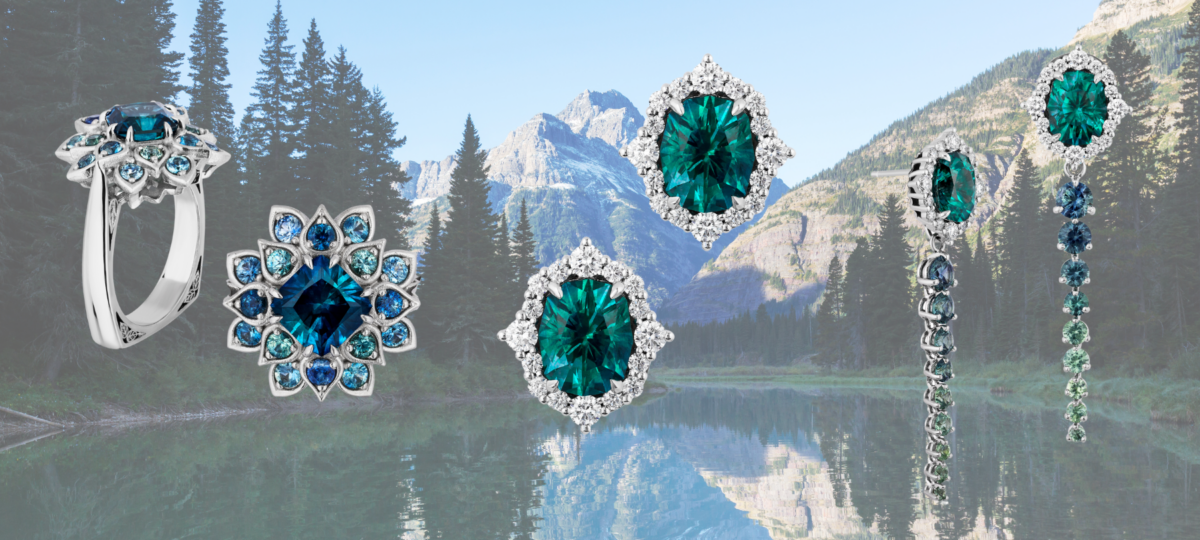 Montana Sapphire jewelry set in white metal and diamonds with wooded background